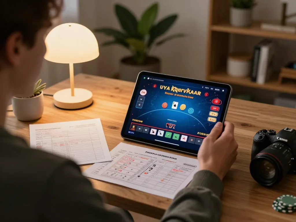 Player using tr88it tablet for responsible online gambling, showcasing strategic betting.