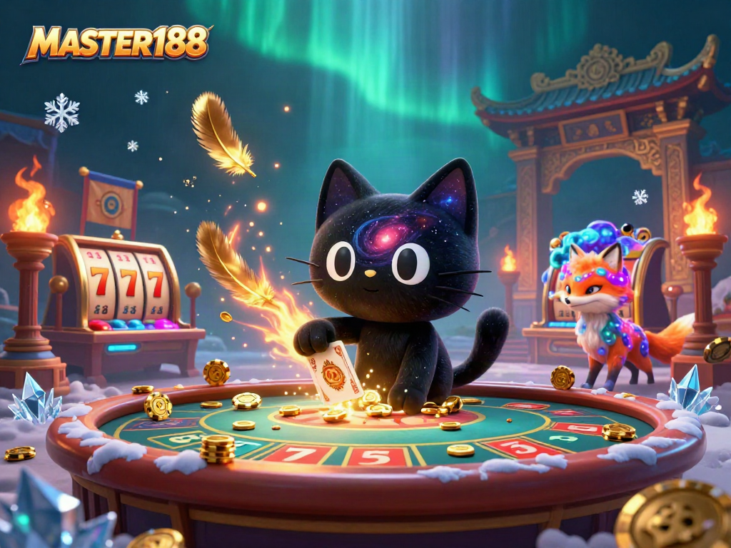 Engage with the MASTER188 cosmic casino adventure featuring dynamic characters and vibrant gambling elements.