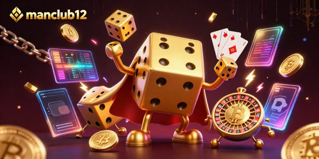 Experience the excitement of manclub12 with a vibrant 3D portrayal of whimsical casino elements.