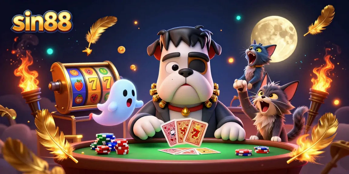 Experience thrilling gameplay with sin88 as a cartoon bulldog dealer, surrounded by casino excitement.
