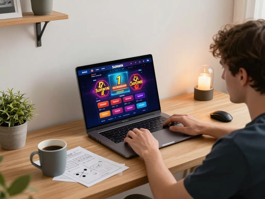 Player enjoying Sunwin online casino gaming experience in cozy home office setting