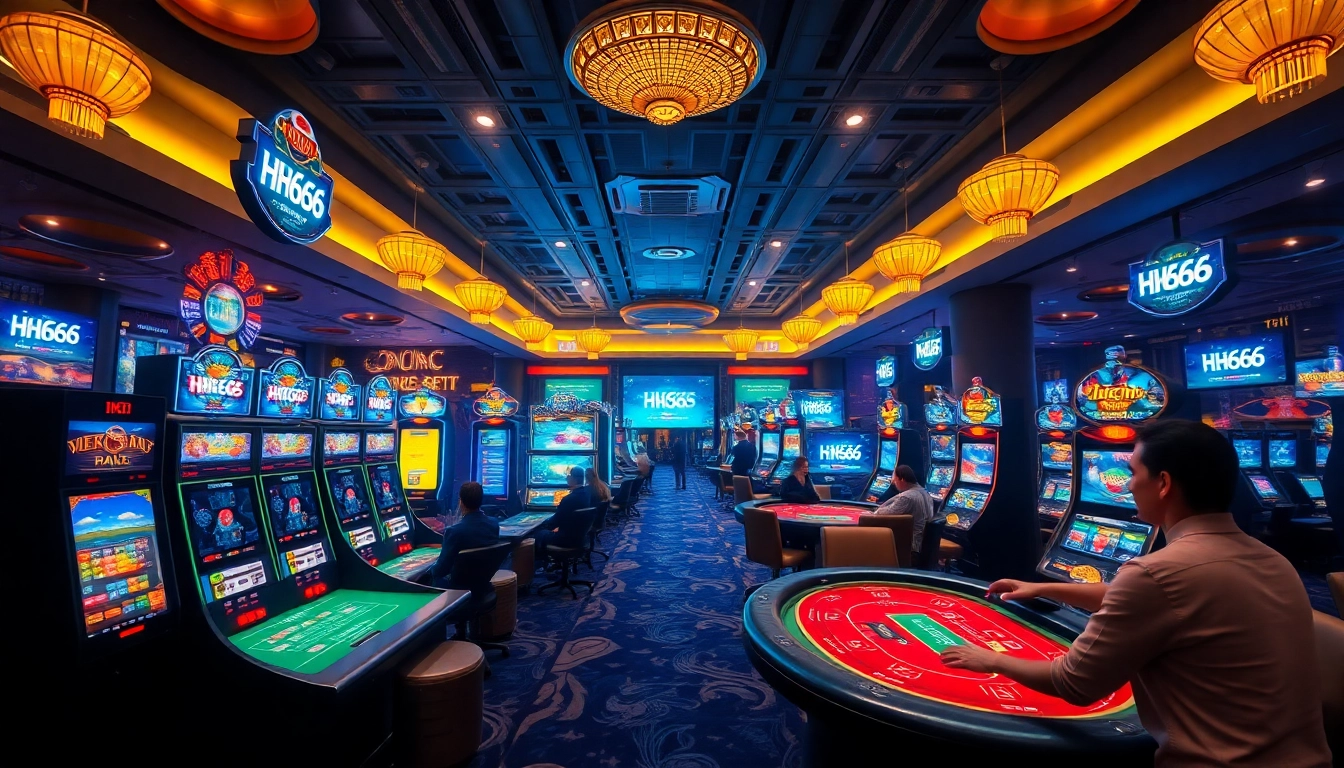 Dynamic casino gaming atmosphere showcasing HH666 with live dealers and vibrant slot machines.