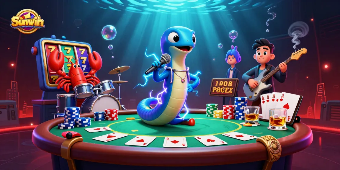Sunwin showcases a lively underwater casino scene with 3D cartoon electric eel DJ performing alongside characters.