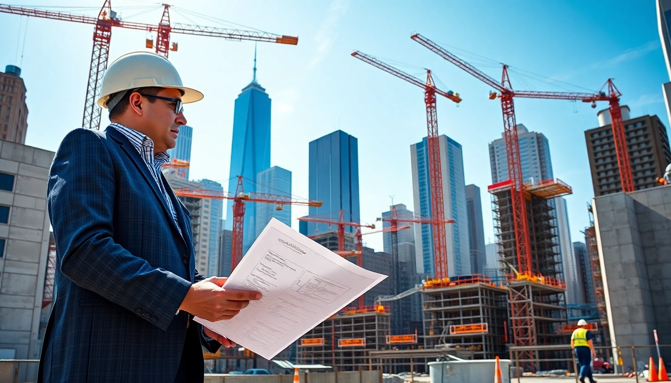 New York Construction Manager inspecting plans at a busy city site, demonstrating leadership amidst ongoing projects.
