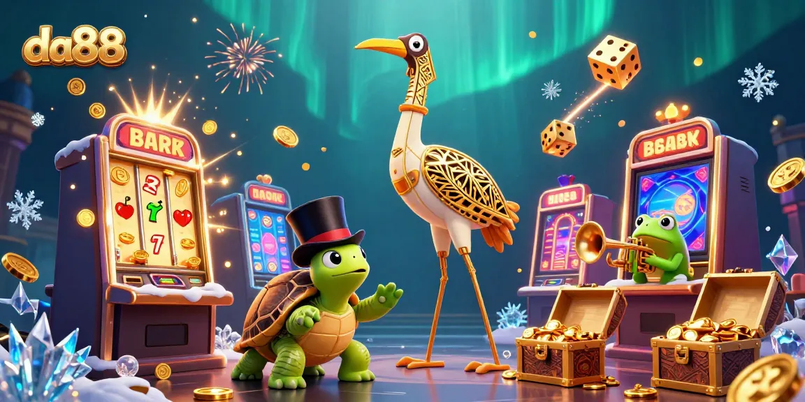 Experience thrilling games at da88 with a vibrant casino scene featuring jubilant frog musicians and a lively turtle.