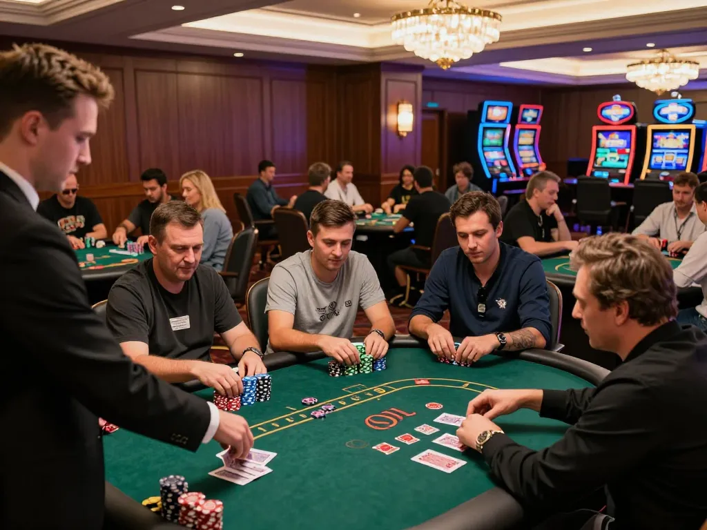 Players at CM88 poker tables focusing on cards and chips in an elegant casino setting.