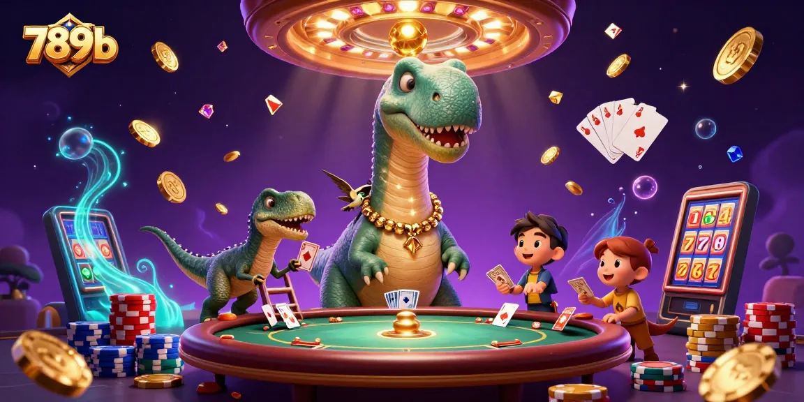 Engage with 789b casino action featuring a towering brontosaurus, vibrant poker elements, and dynamic winning opportunities.