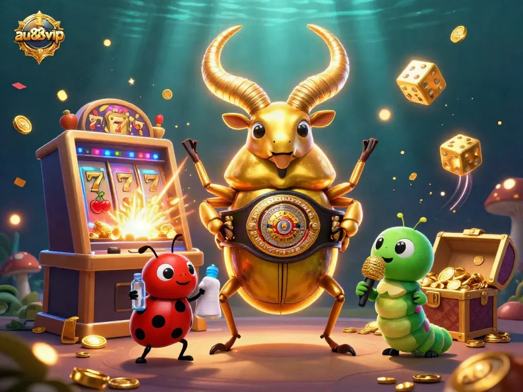 Experience the thrill of au88vip with a vibrant casino illustration showcasing golden creatures and slot machines.
