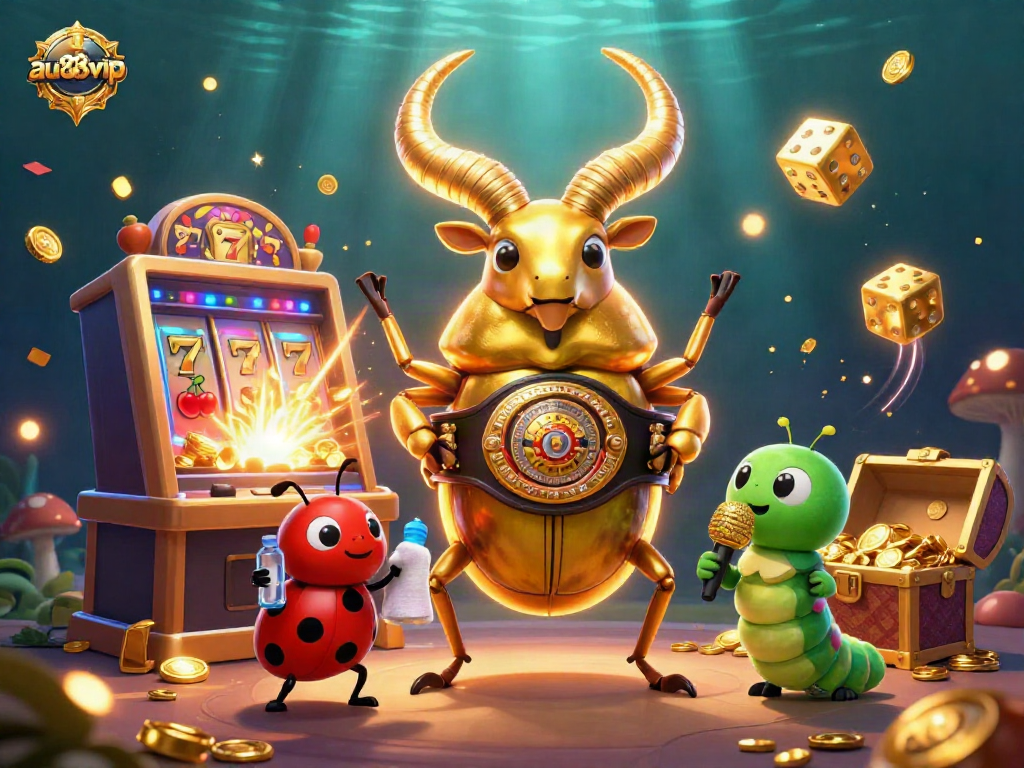Experience the thrill of au88vip with a vibrant casino illustration showcasing golden creatures and slot machines.