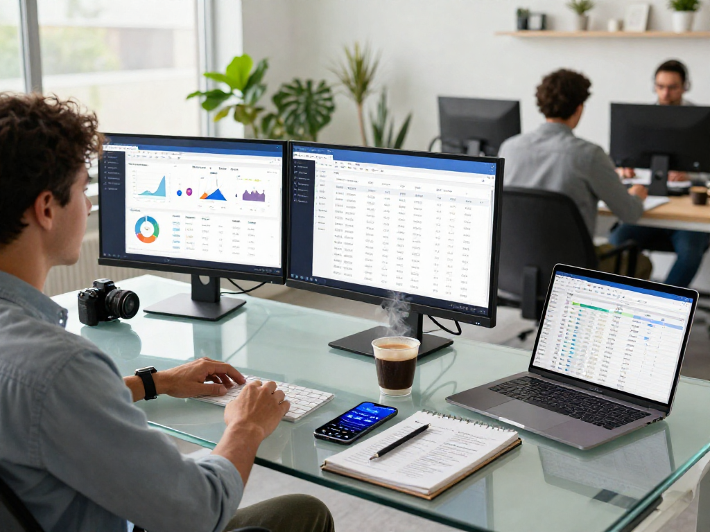 Secure digital finance analysis with the debet app interface in a modern workspace.