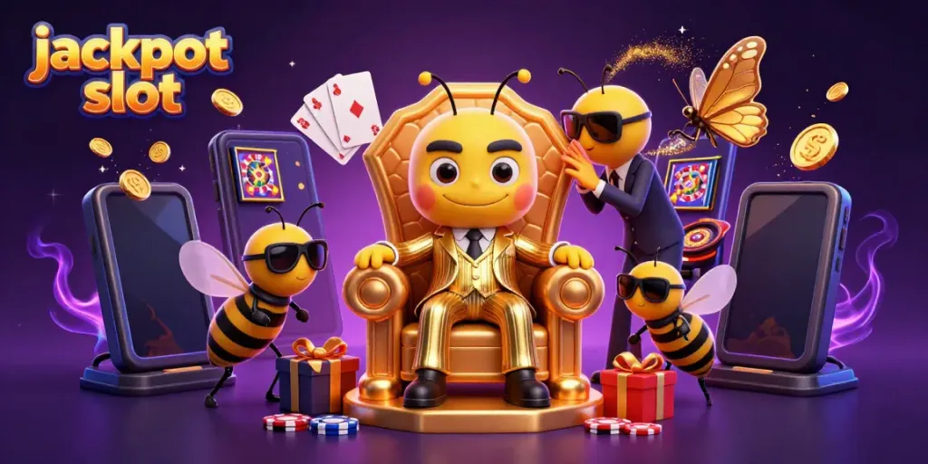 Engaging scene with jackpot slot themed bumblebee mob boss, playful gaming elements, and a magical background.