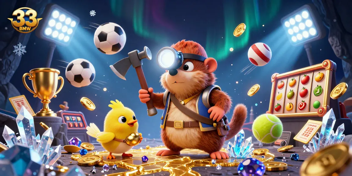 Experience thrilling gaming with 33BMW, featuring a dynamic casino scene of a treasure hunter and lively sports elements.