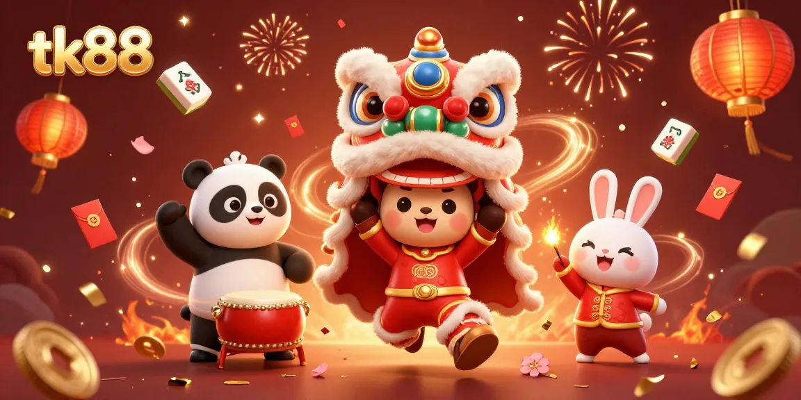 tk88 casino celebration with lion dance, drumming panda, and festive elements.