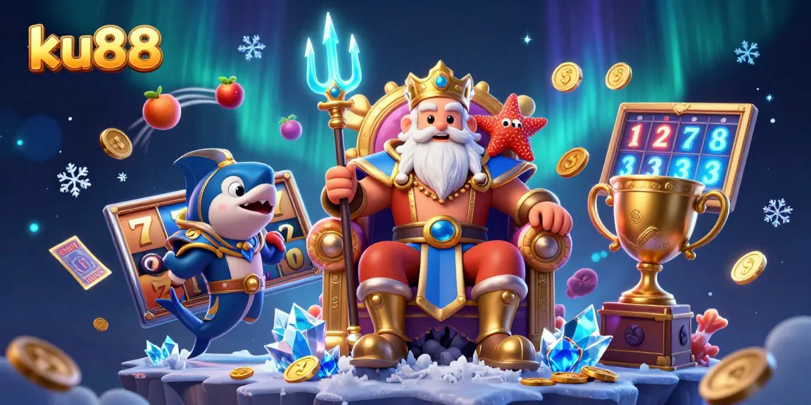 Spin the reels at ku88, featuring a majestic Neptune and vibrant slots symbols in a captivating scene.
