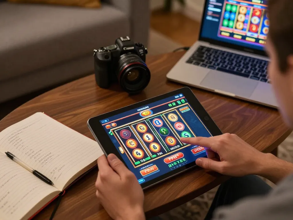 Pemain menikmati permainan slot idn777 yang mendebarkan di tablet, menangkap pengalaman perjudian online yang mengasyikkan.