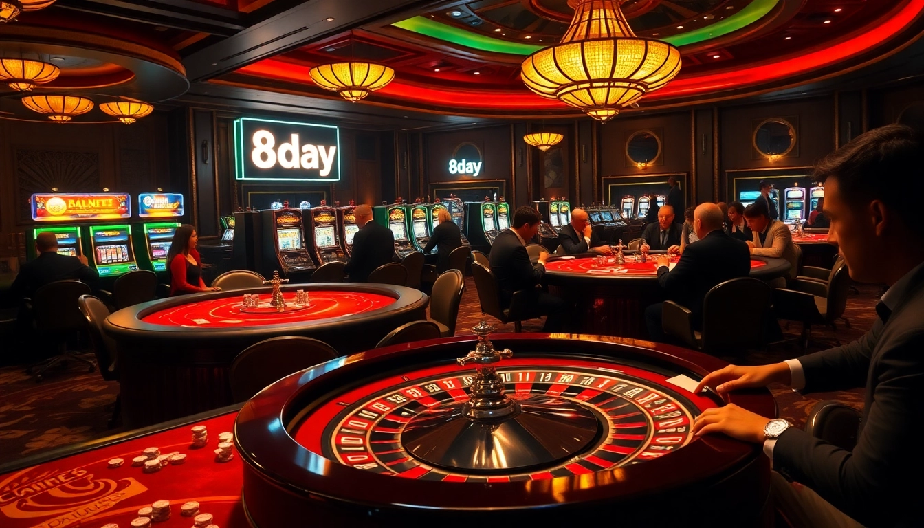 Experience thrilling poker action at 8day casino with luxurious tables and elegant lighting.