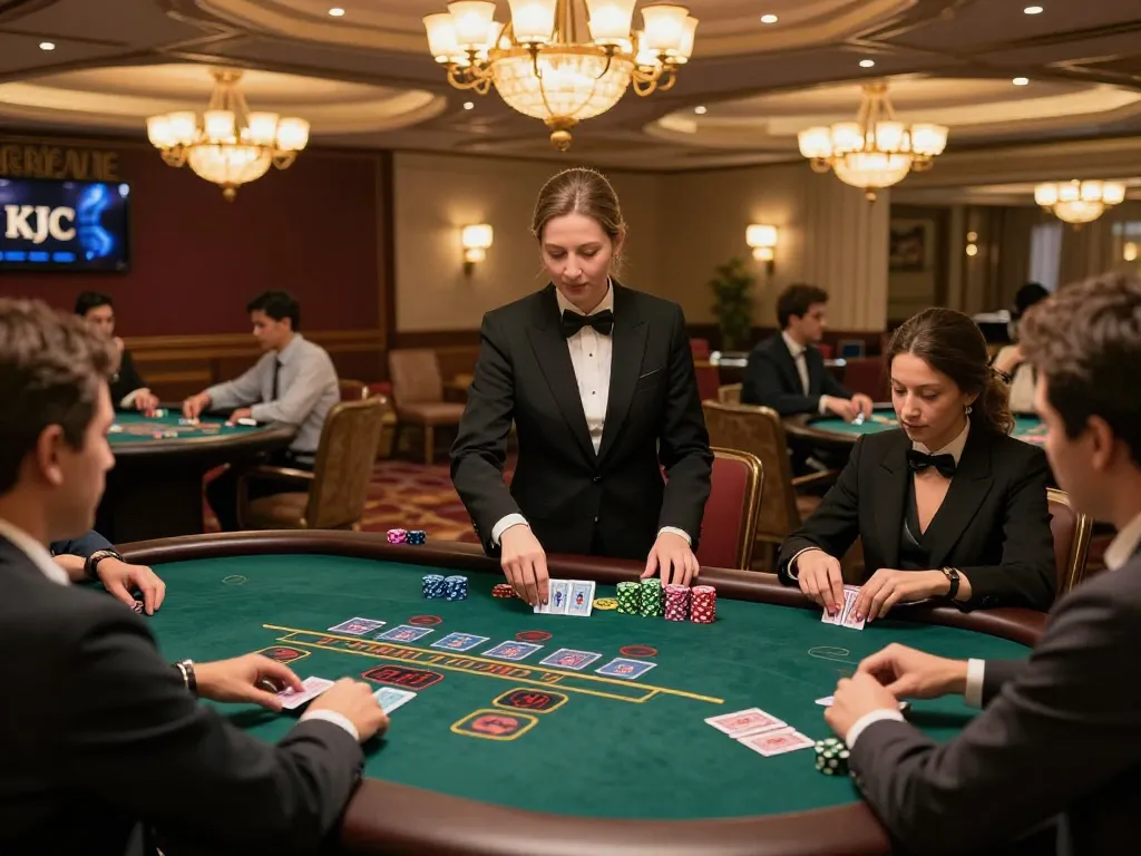KJC website showcases an exciting blackjack game with players in a luxurious casino.