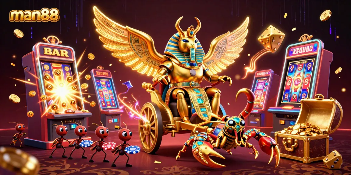 Experience thrilling wins with man88 in an ultra-detailed casino illustration featuring vibrant slot machines and characters.