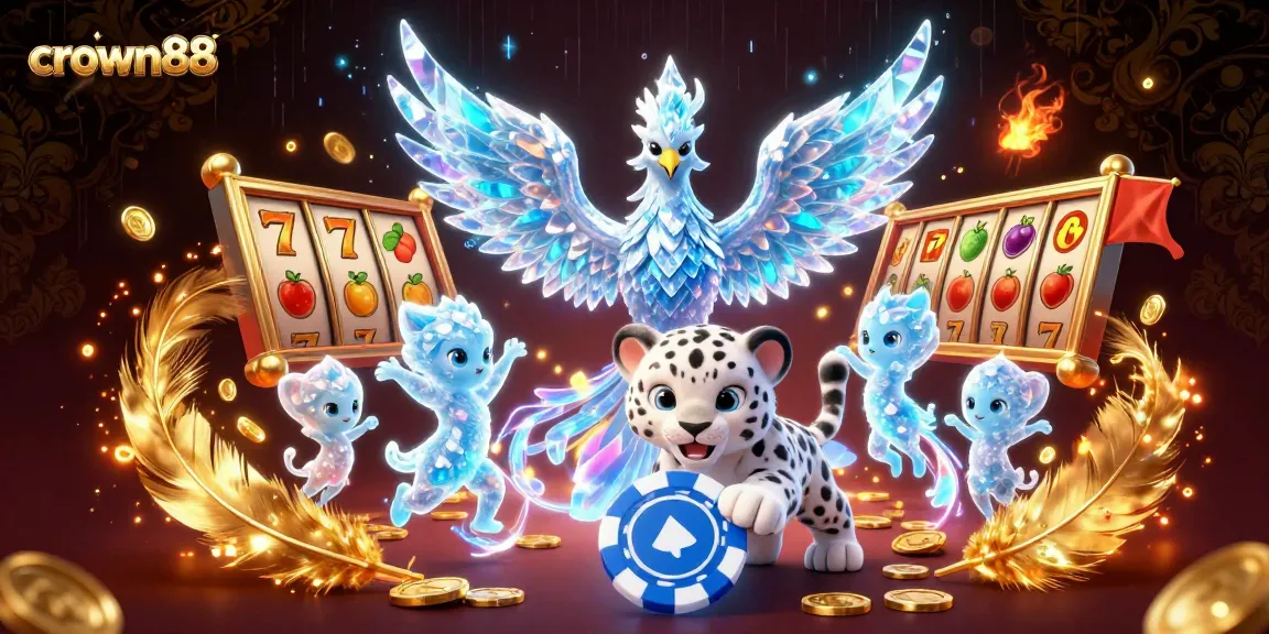 Crown88 offers thrilling slot games in a vibrant 3D casino scene with magical characters.