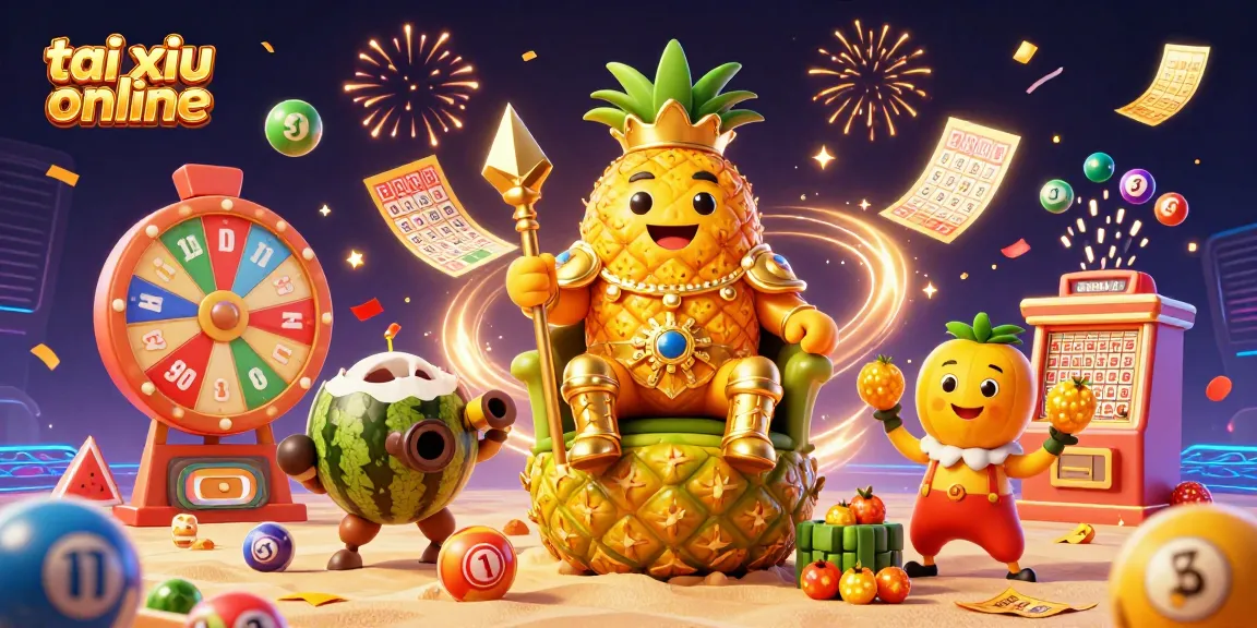 Experience excitement with tai xiu online as the golden pineapple king rules a vibrant beach casino.
