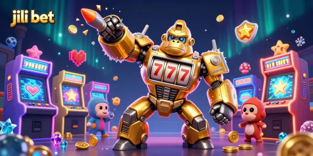 Join the thrilling jili bet action with 3D golden gorilla mech and vibrant game elements!