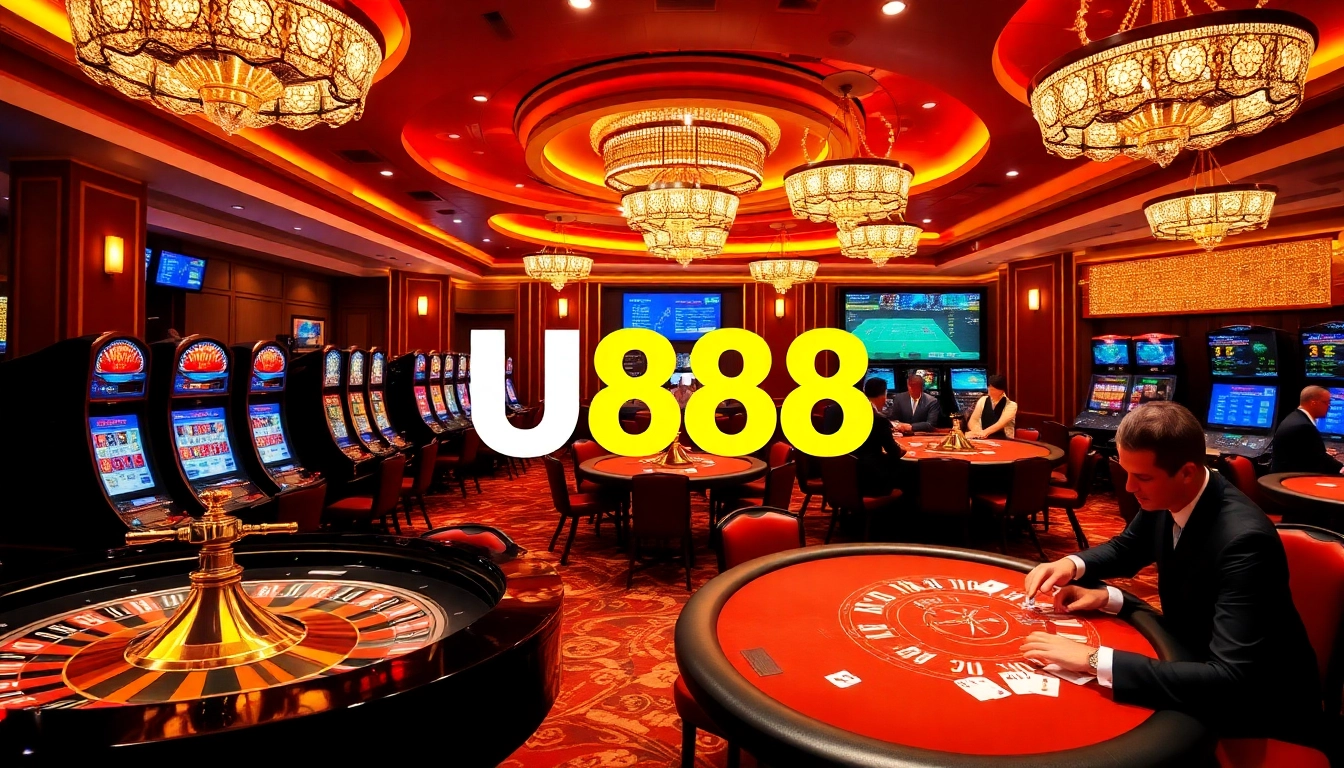 Experience U888's thrilling casino atmosphere with modern gaming tables and vibrant poker chips.