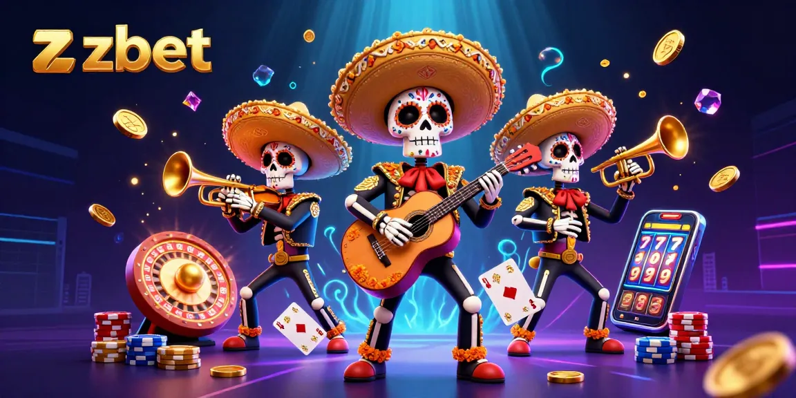 Win big at zbet with vibrant casino-themed Day of the Dead celebration illustration.