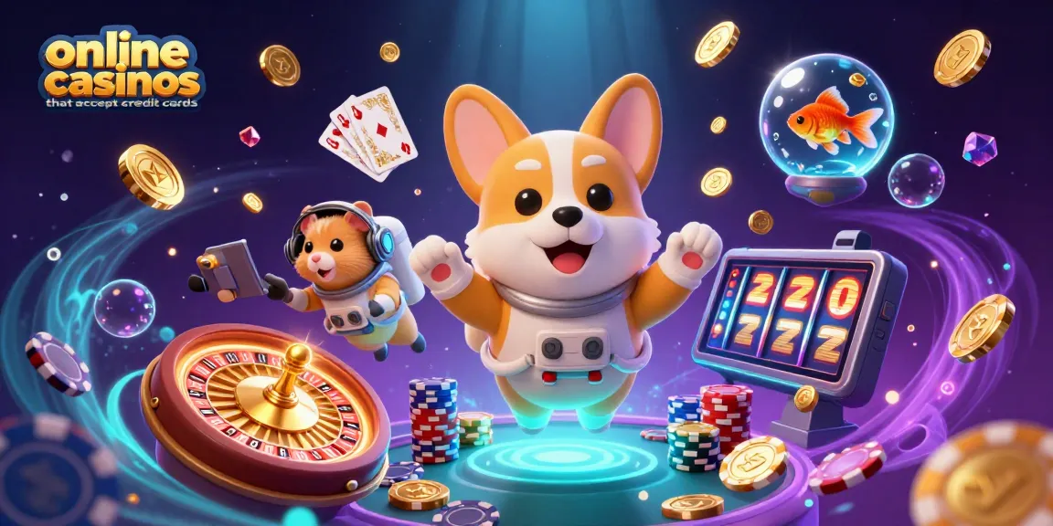 Engage with online casinos that accept credit cards in a vibrant, action-packed cosmic scene with a playful astronaut corgi.