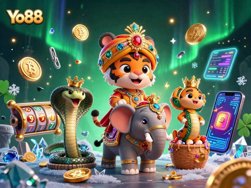 Experience excitement at Yo88 with a vibrant casino scene featuring an Indian maharaja tiger and rich slot elements.