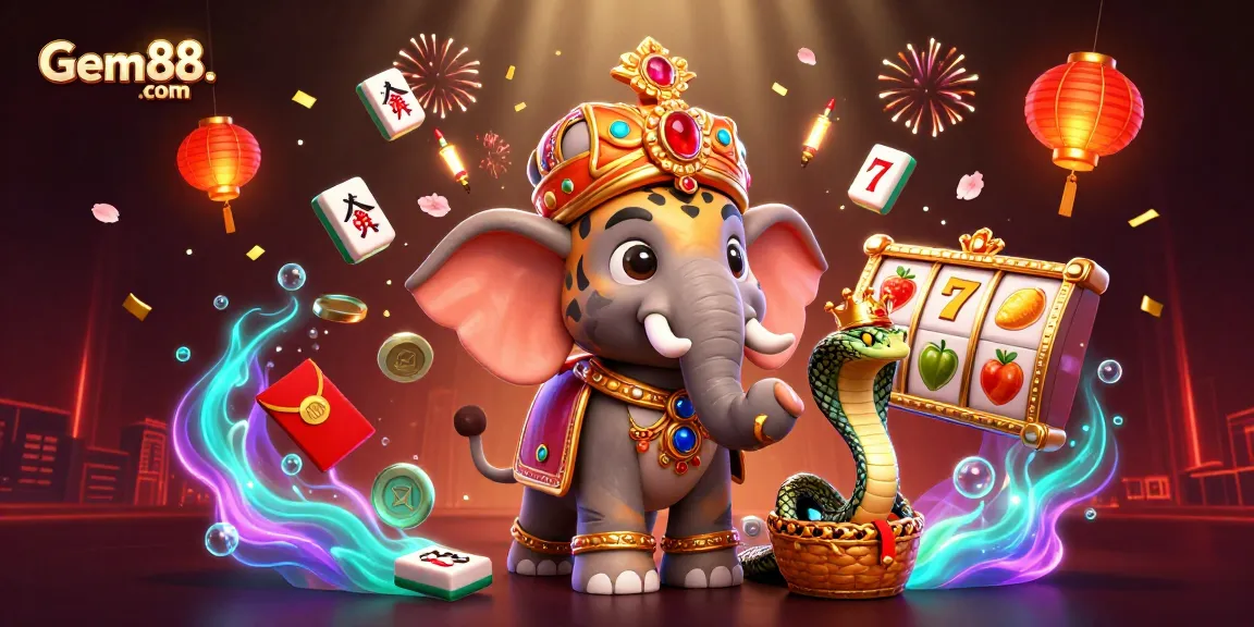 Experience exciting games at Gem88. com with vibrant 3D illustrations showcasing tiger, elephant, and casino elements.