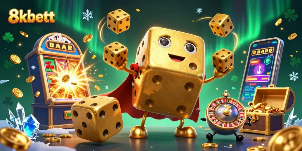 Experience thrilling gameplay with 8kbett's animated golden dice and vibrant casino elements.