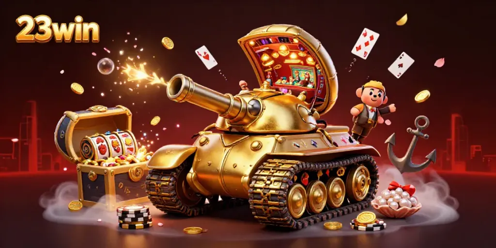 Experience the thrill of 23win with an immersive casino scene depicting a dynamic golden beetle tank.