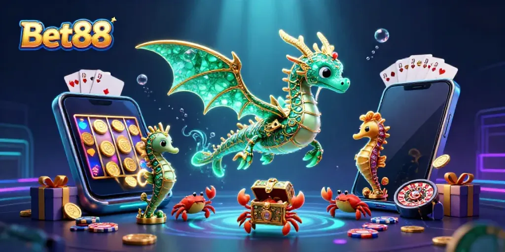 Experience the thrill of gaming with Bet88, featuring magical characters amidst dynamic casino elements.