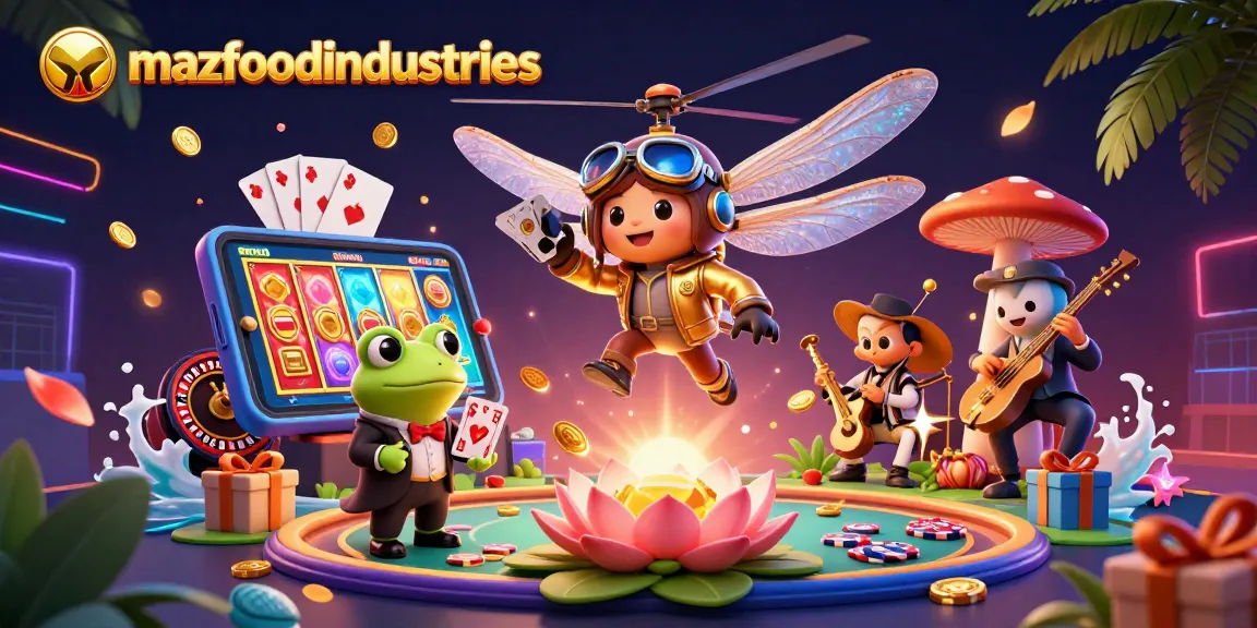 Experience the excitement of mazfoodindustries casino with a dragonfly pilot and frog dealer in a vibrant scene.