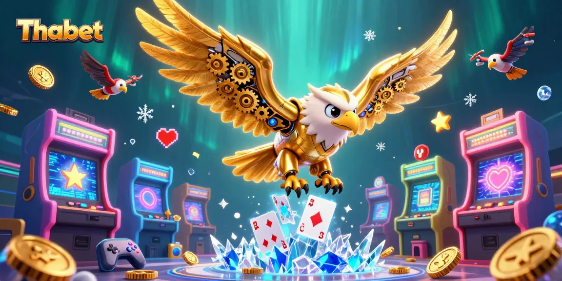 Thabet showcases a golden eagle character diving through holographic playing cards amidst vibrant gaming elements.