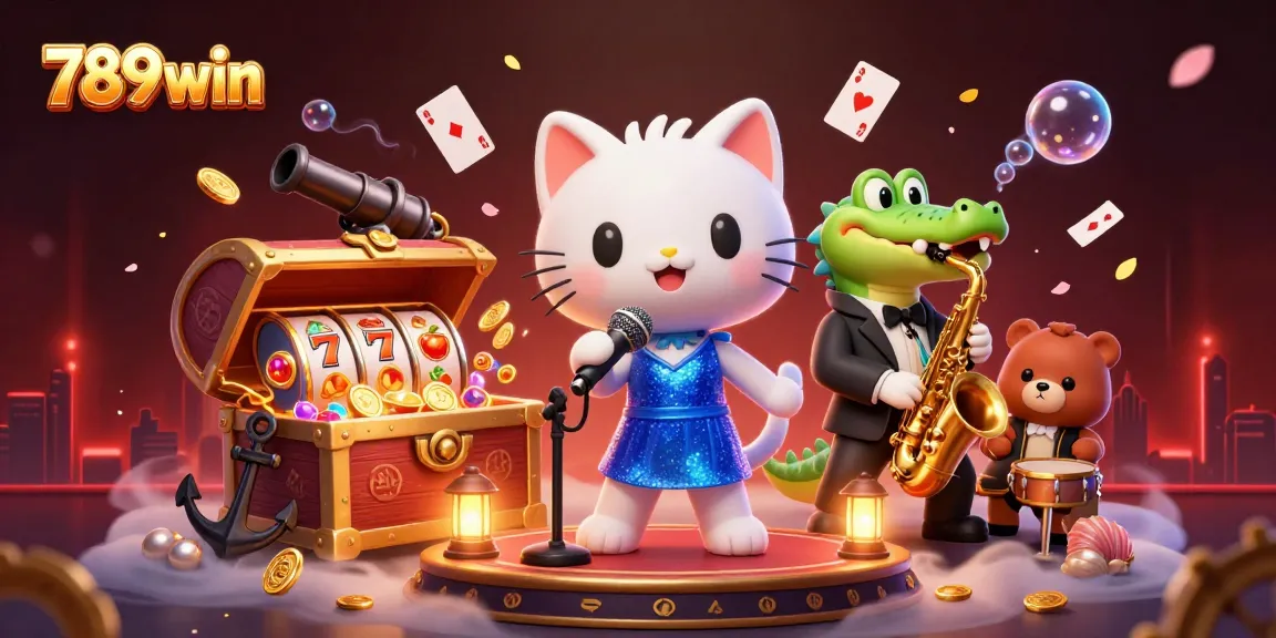 Engage with 789win's vibrant casino scene featuring a jazzy cat, crocodile, and bear amidst thrilling games.