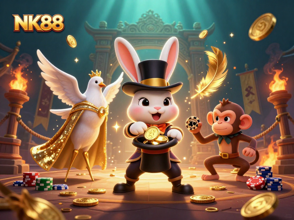 Engage in exciting gameplay at NK88 with a magician rabbit, assisting dove, and monkey playing poker.