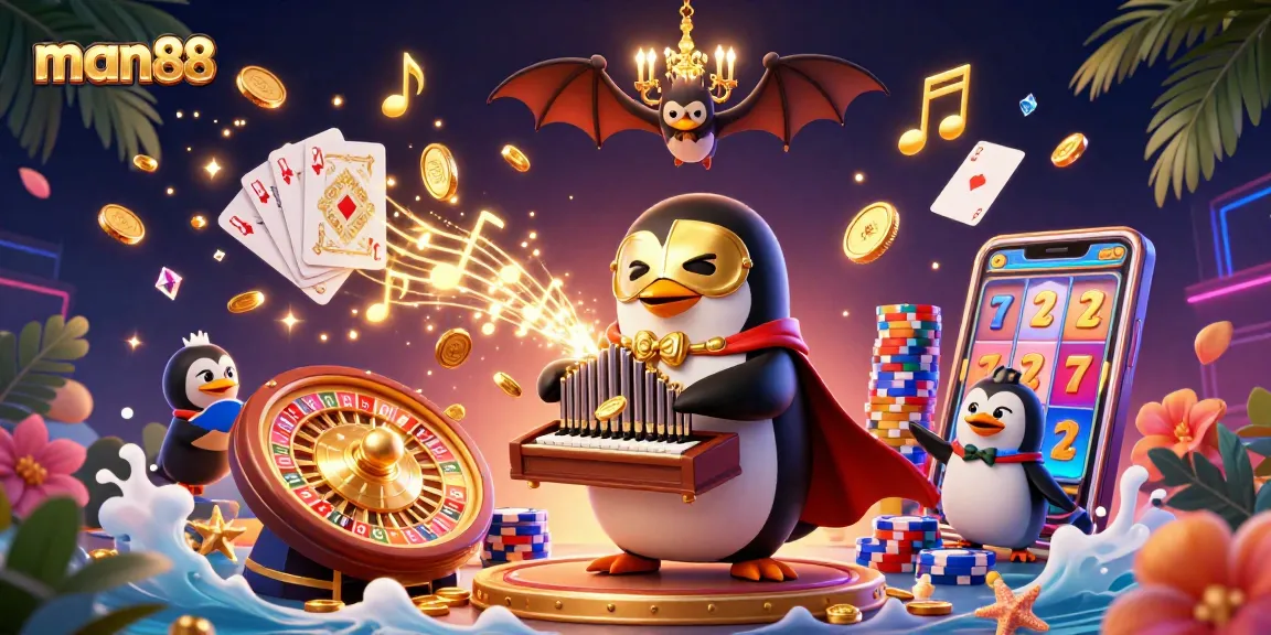 Watch man88’s thrilling casino experience with a penguin organist and golden coins cascading in the air.