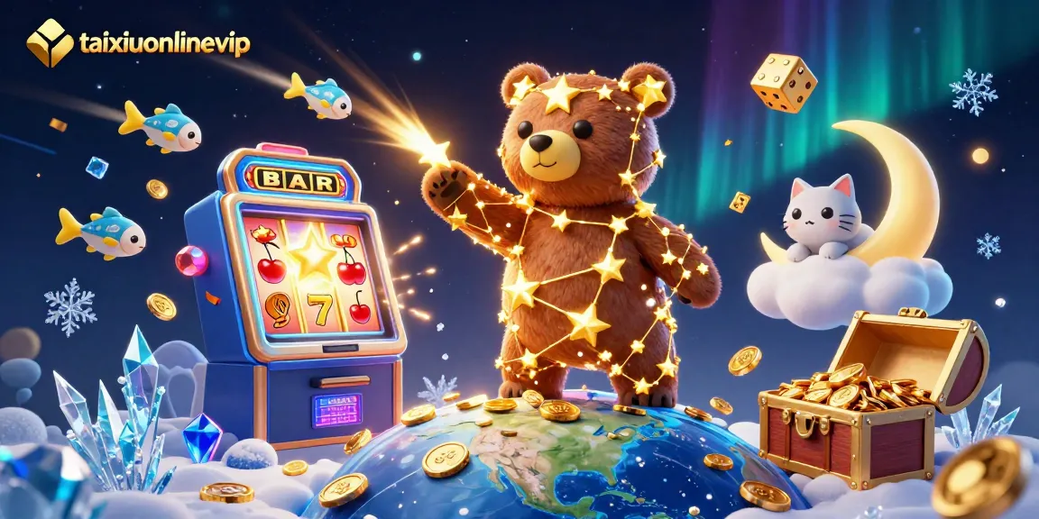 Play exciting games at taixiuonlinevip with a vibrant animated casino scene featuring golden stars and dynamic game elements.
