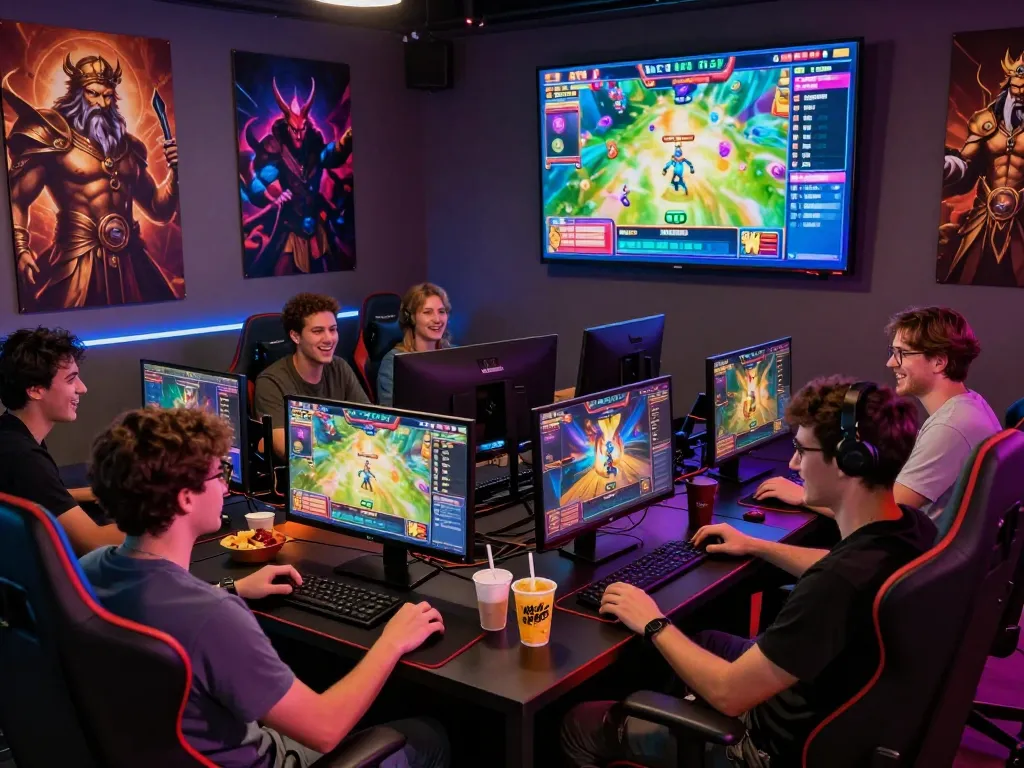 Group of friends playing slot hoki games in an exciting gaming setup, showcasing a vibrant atmosphere.