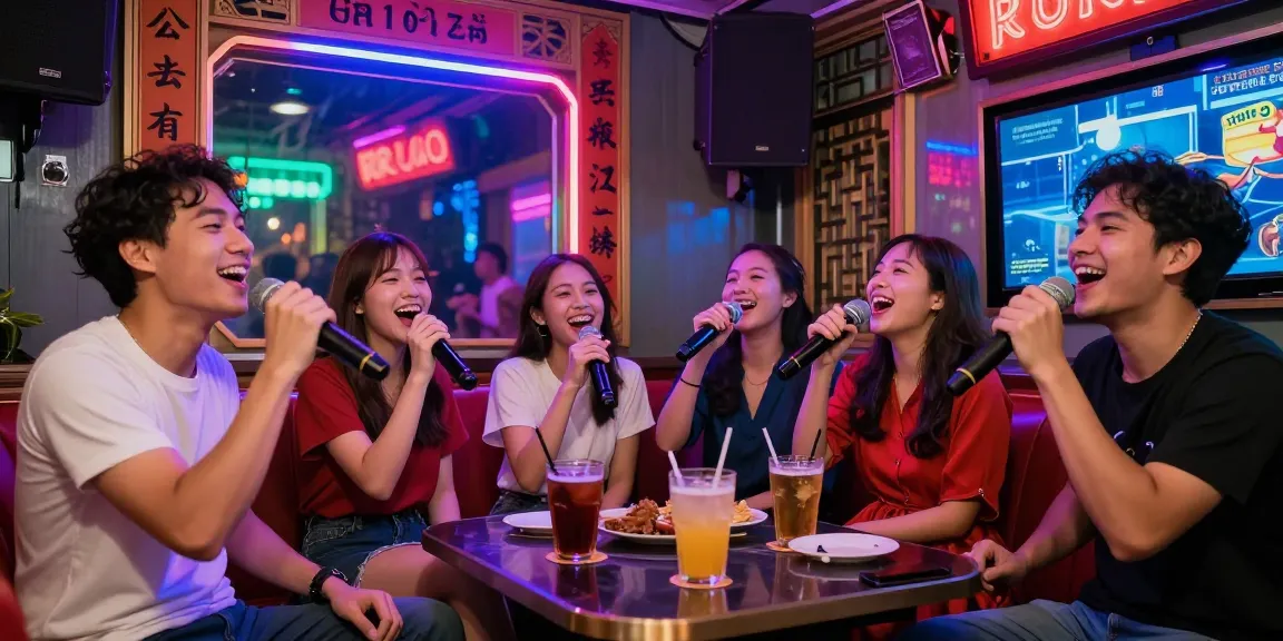 다낭 가라오케에서 친구들과 즐겁게 노래 부르는 모습, 화려한 네온 조명과 함께하는 즐거운 분위기