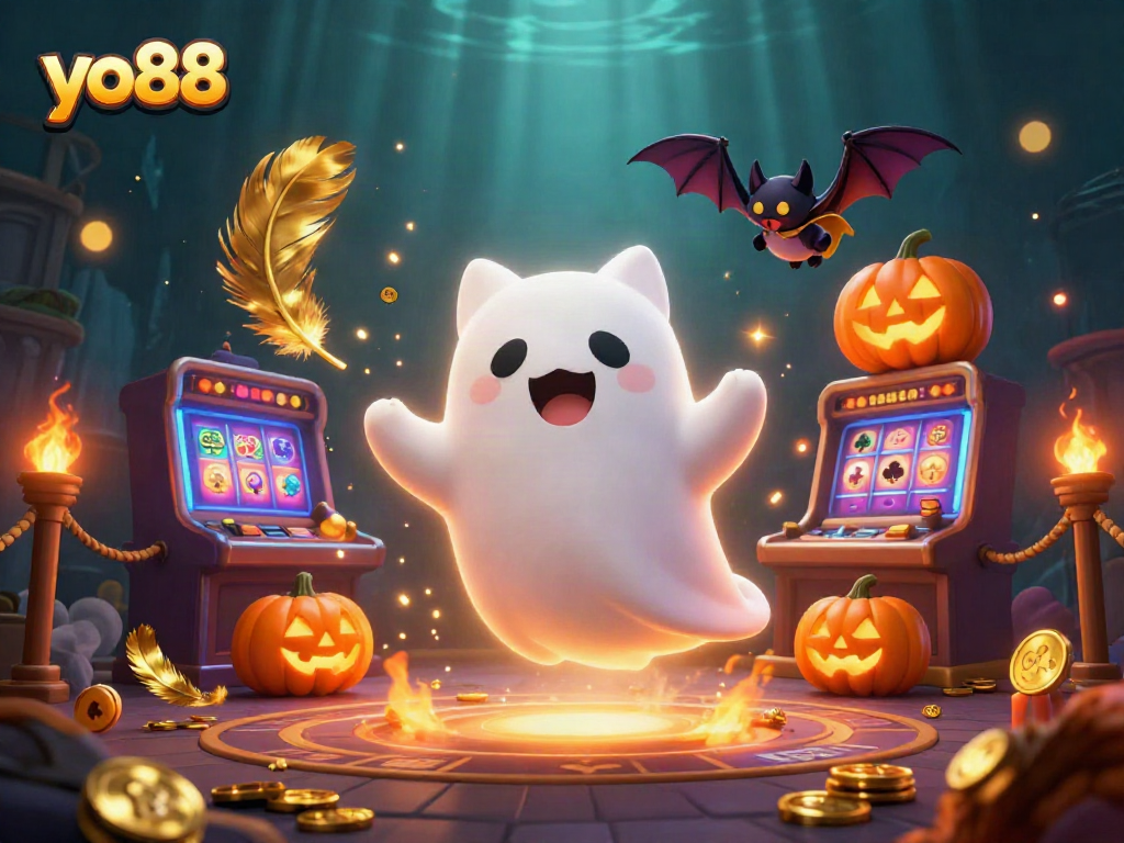 Engage with yo88 by playing exciting casino games amidst a haunted casino scene featuring a ghost cat!
