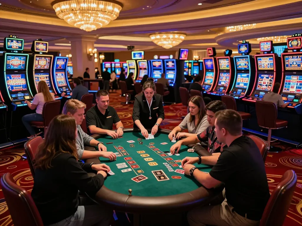 Players at 33winn's blackjack table focus on their cards in a vibrant Las Vegas casino.