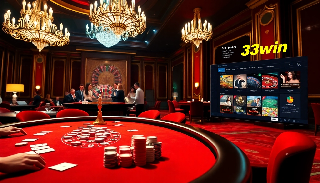33win poker table with vibrant chips and a spinning roulette wheel in a luxurious casino setting.
