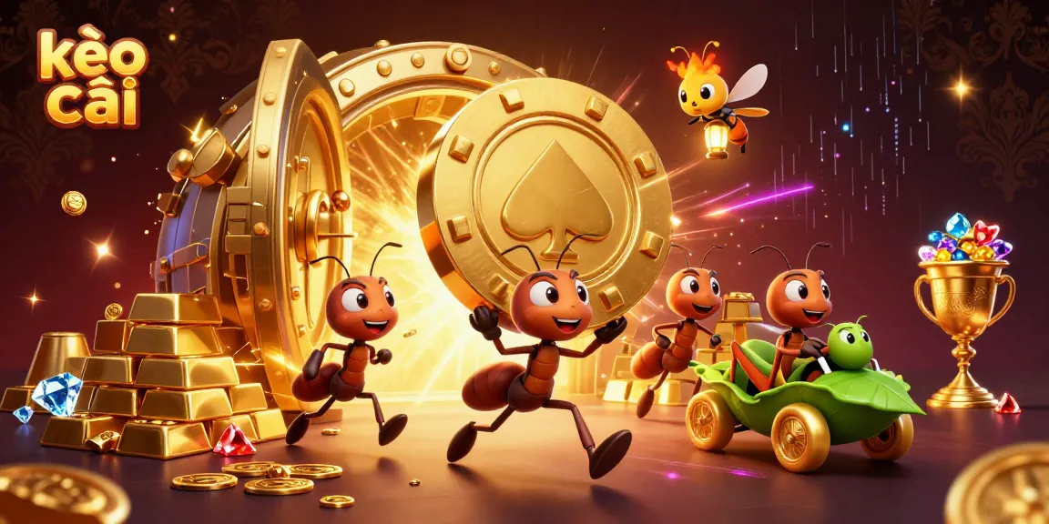 Capture thrilling kèo nhà cái action with giant poker chip heist in a vibrant cartoon scene.
