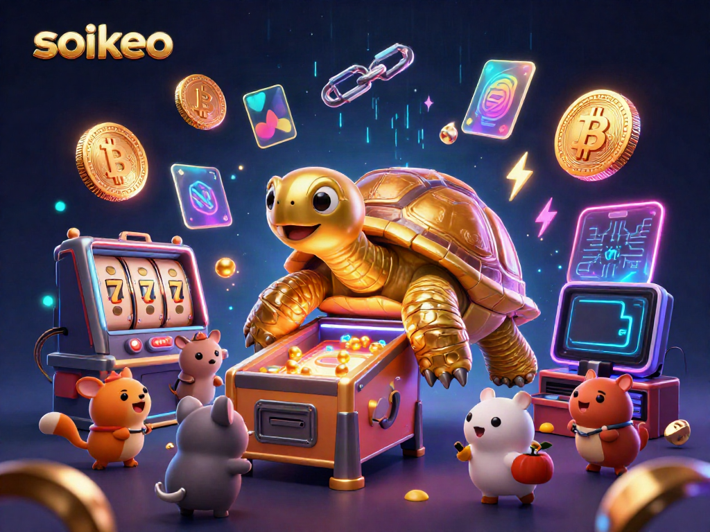 Engage with soikeo's vibrant casino scene featuring a colossal golden tortoise pinball machine.