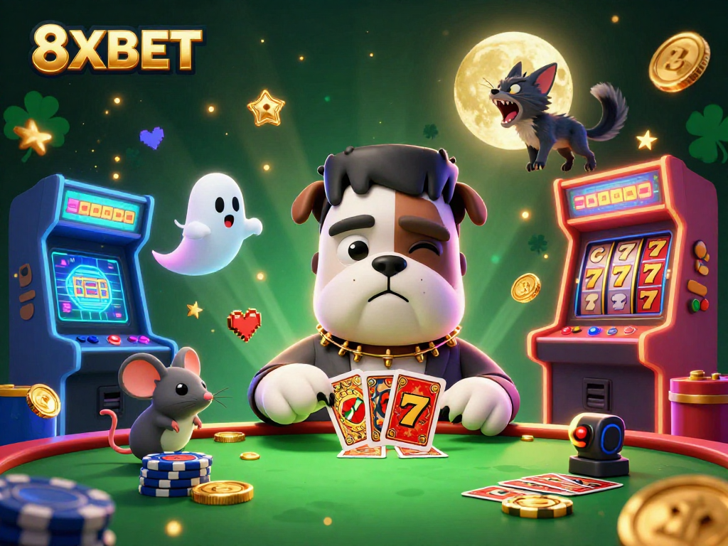 Engage in thrilling games at 8XBET with a vibrant casino atmosphere featuring unique characters.