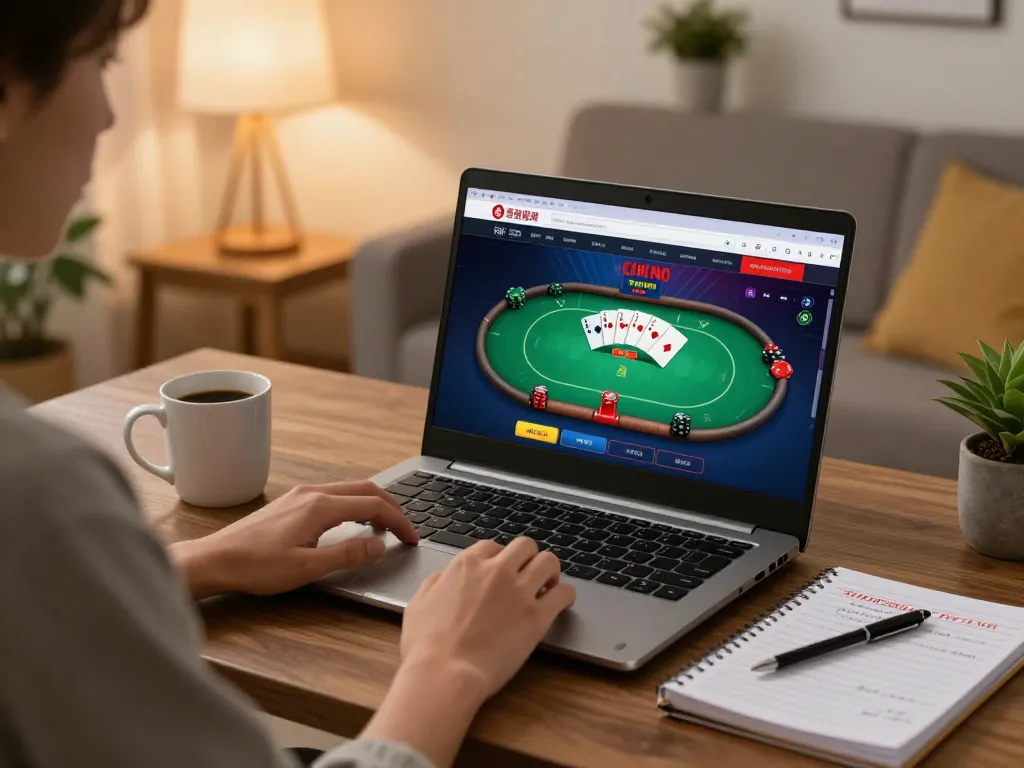 Enjoying a strategic poker game on壹發娛樂 from a cozy home setup with vibrant ambiance.