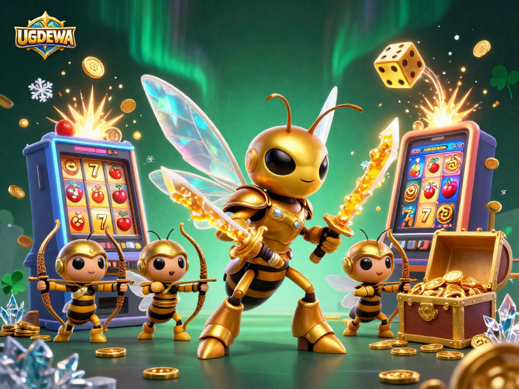 UGDEWA gaming experience with lively 3D illustration of a golden hornet samurai amidst dynamic casino elements.