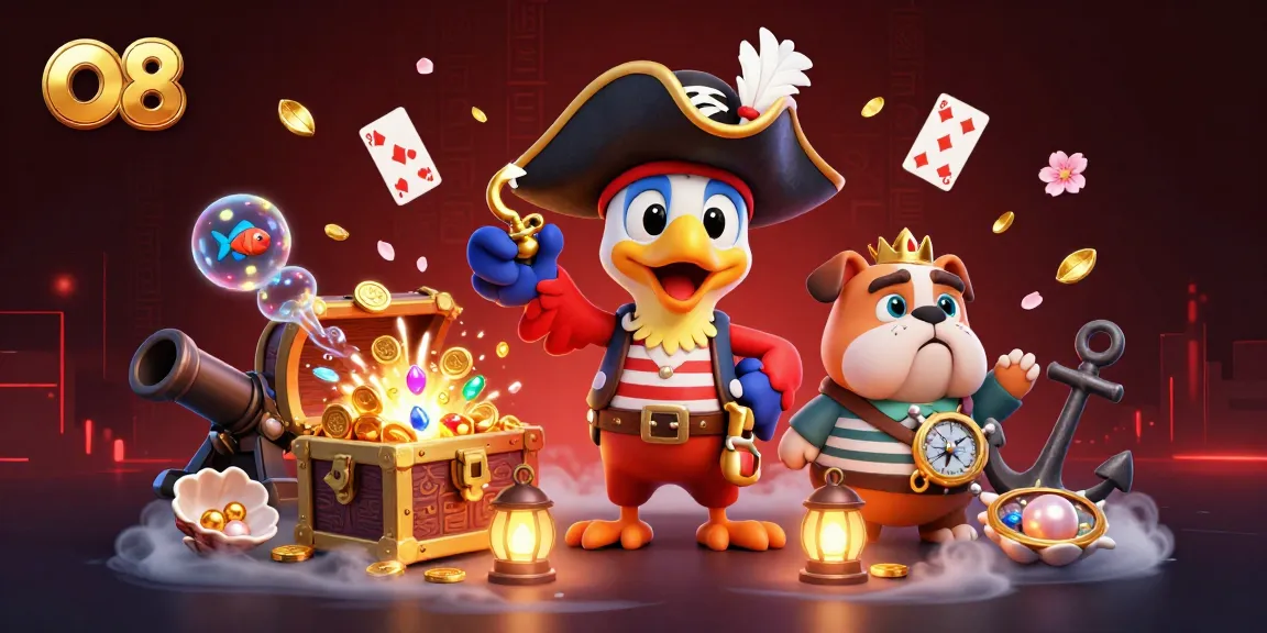 Win big with O8 as the pirate captain leads an adventure in this vibrant casino scene.